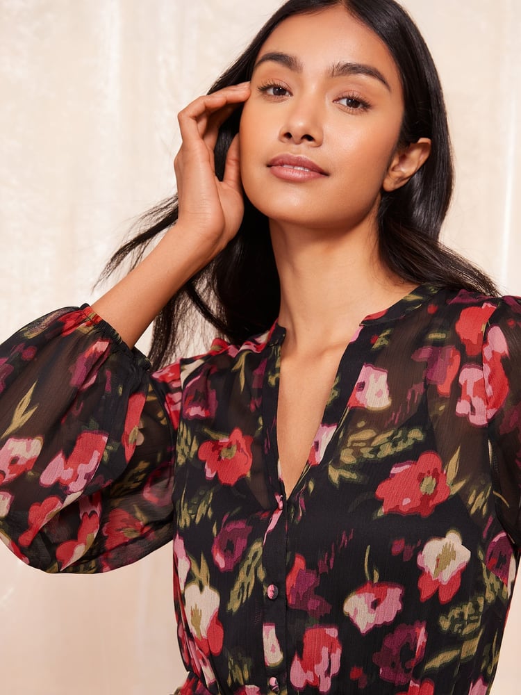 Friends Like These Black Petite Long Sleeve Printed Chiffon Mini Dress - Image 3 of 3