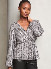 Lipsy Silver Sequin Wrap Top - Image 1 of 4