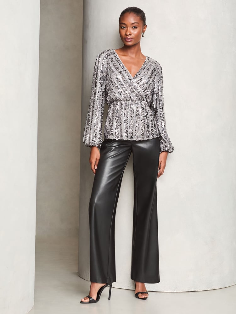 Lipsy Silver Sequin Wrap Top - Image 2 of 4 Lipsy Silver Sequin Wrap Top - Image 2 of 4