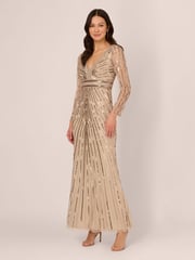 Adrianna Papell Natural Beaded Long Dress - Image 1 of 7