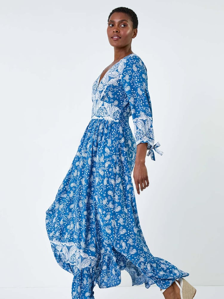 Roman Blue Paisley Print Frill Hem Maxi Dress - Image 1 of 5