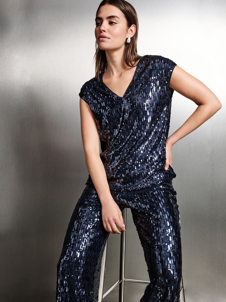 Navy Sequin V-Neck Sleeveless Top - Image 1 of 5