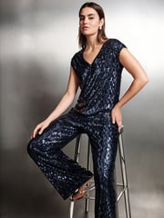 Navy Sequin V-Neck Sleeveless Top - Image 2 of 5