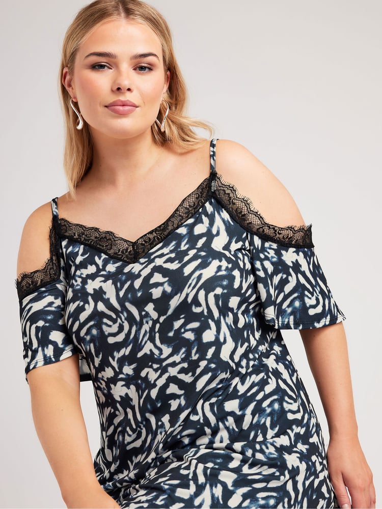 Yours Curve Black Lace Cold Shoulder Swing Top - Image 1 of 5