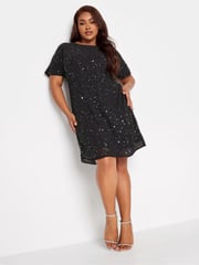 Yours Curve Black Luxe Sequin Hand Embellished Cold Shoulder Cape Dress - Image 1 of 6