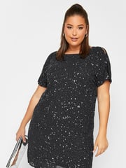Yours Curve Black Luxe Sequin Hand Embellished Cold Shoulder Cape Dress - Image 2 of 6