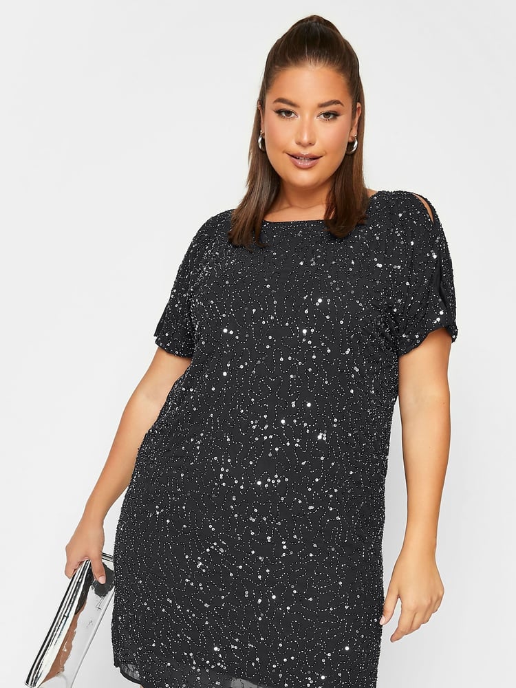 Yours Curve Black Luxe Sequin Hand Embellished Cold Shoulder Cape Dress - Image 2 of 6