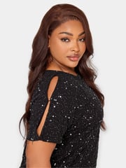 Yours Curve Black Luxe Sequin Hand Embellished Cold Shoulder Cape Dress - Image 5 of 6