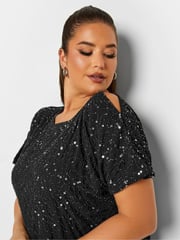 Yours Curve Black Luxe Sequin Hand Embellished Cold Shoulder Cape Dress - Image 6 of 6