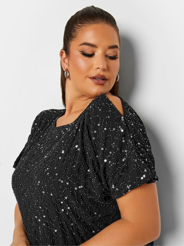 Yours Curve Black Luxe Sequin Hand Embellished Cold Shoulder Cape Dress - Image 6 of 6