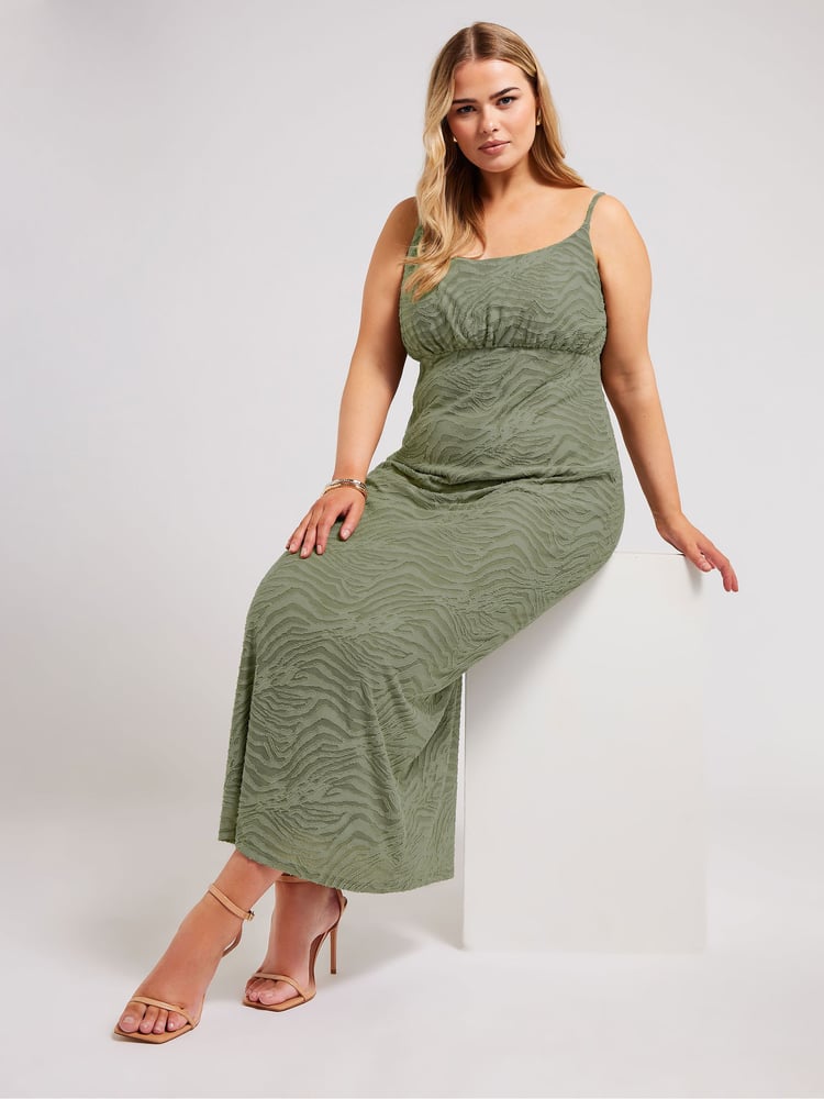 Yours Curve Green Animal Stretch Jacquard Slip Dress - Image 2 of 5