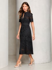 Lipsy Black Premium Broderie Lace Belted Shirt Midi Dress - Image 1 of 4