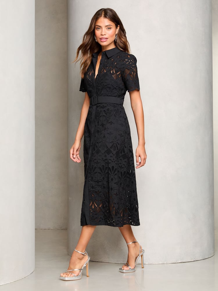 Lipsy Black Premium Broderie Lace Belted Shirt Midi Dress - Image 1 of 4