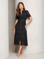 Lipsy Black Premium Broderie Lace Belted Shirt Midi Dress - Image 3 of 4