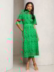 Lipsy Green Premium Broderie Lace Belted Shirt Midi Dress - Image 1 of 4