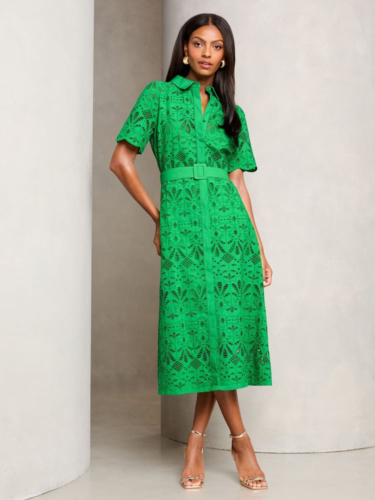 Lipsy Green Premium Broderie Lace Belted Shirt Midi Dress - Image 1 of 4