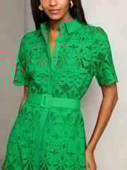Lipsy Green Premium Broderie Lace Belted Shirt Midi Dress - Image 2 of 4