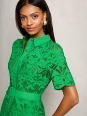 Lipsy Green Premium Broderie Lace Belted Shirt Midi Dress - Image 4 of 4
