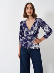 Crew Clothing Company Blue/White 3/4 Sleeve Wrap Top - Image 1 of 5