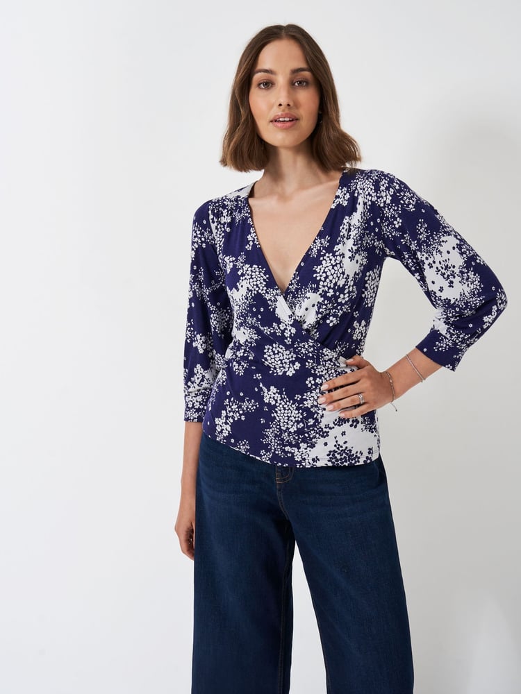 Crew Clothing Company Blue/White 3/4 Sleeve Wrap Top - Image 1 of 5