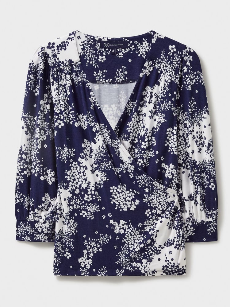 Crew Clothing Company Blue/White 3/4 Sleeve Wrap Top - Image 5 of 5