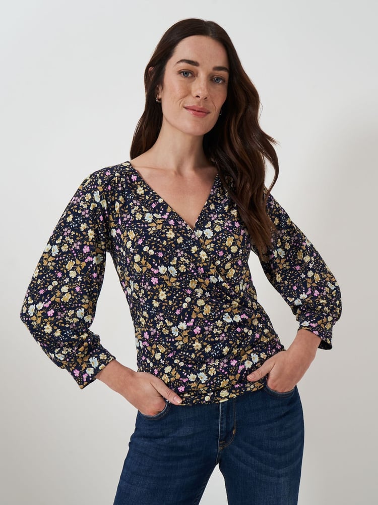 Crew Clothing Company Blue Light 3/4 Sleeve Wrap Top - Image 1 of 5