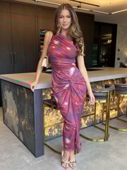 AX Paris Red Tie Dye Print One Shoulder Knot Skirt Mesh Midi Dress - Image 1 of 4