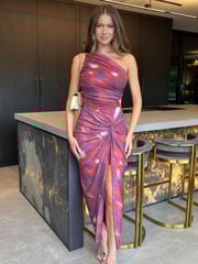 AX Paris Red Tie Dye Print One Shoulder Knot Skirt Mesh Midi Dress - Image 3 of 4