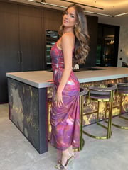 AX Paris Red Tie Dye Print One Shoulder Knot Skirt Mesh Midi Dress - Image 4 of 4