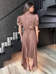 AX Paris High Neck Puff Sleeve Zig Zag Hem Pleated Midi Dress - Image 2 of 4