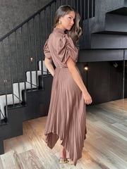 AX Paris High Neck Puff Sleeve Zig Zag Hem Pleated Midi Dress - Image 4 of 4