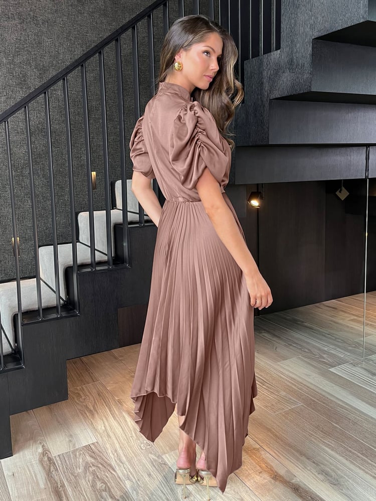 AX Paris High Neck Puff Sleeve Zig Zag Hem Pleated Midi Dress - Image 4 of 4