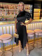 AX Paris High Neck Puff Sleeve Zig Zag Hem Pleated Midi Dress - Image 1 of 4