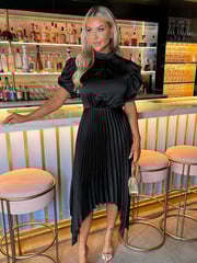 AX Paris High Neck Puff Sleeve Zig Zag Hem Pleated Midi Dress - Image 3 of 4