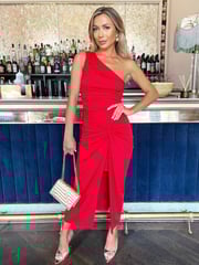 AX Paris Red One Shoulder Knot Skirt Midi Dress - Image 1 of 5