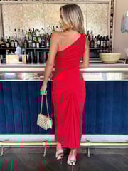 AX Paris Red One Shoulder Knot Skirt Midi Dress - Image 2 of 5