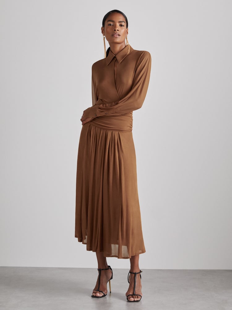 Reiss Tan Saffron Atelier Gathered-Georgette Maxi Dress - Image 1 of 6