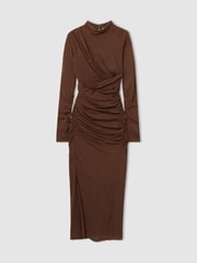 Reiss Chocolate Kelly Jersey Ruched Midi Dress - Image 2 of 6