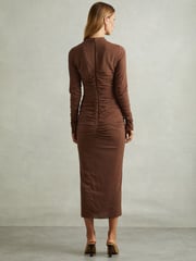 Reiss Chocolate Kelly Jersey Ruched Midi Dress - Image 4 of 6