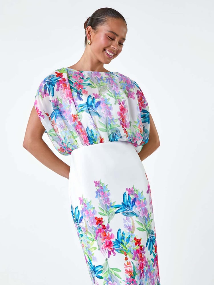 Roman White Floral Chiffon Blouson Overlay Dress - Image 1 of 5