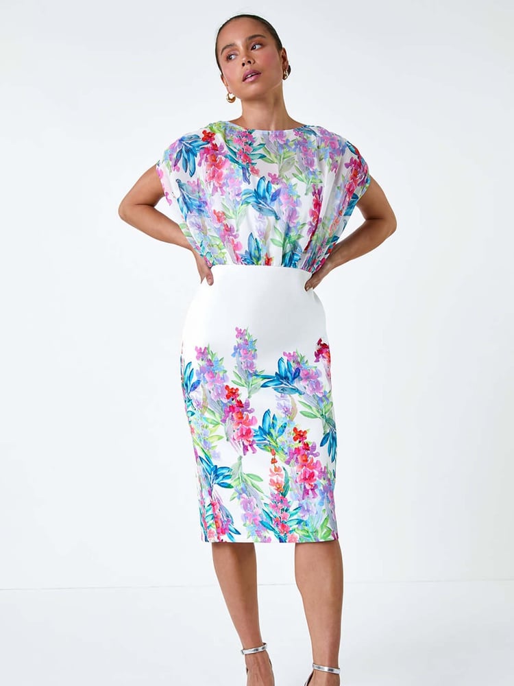 Roman White Floral Chiffon Blouson Overlay Dress - Image 2 of 5