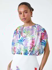 Roman White Floral Chiffon Blouson Overlay Dress - Image 4 of 5