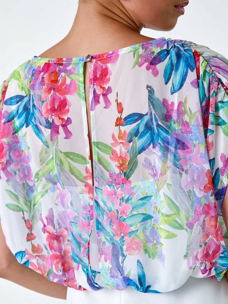 Roman White Floral Chiffon Blouson Overlay Dress - Image 5 of 5