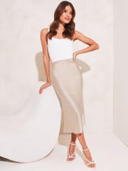 Lipsy Champagne Gold Satin Bias Cut Midi Skirt - Image 3 of 4
