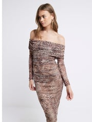 River Island Brown Bardot Mesh Midi Dress - Image 1 of 4