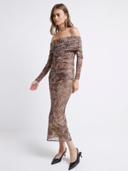 River Island Brown Bardot Mesh Midi Dress - Image 2 of 4