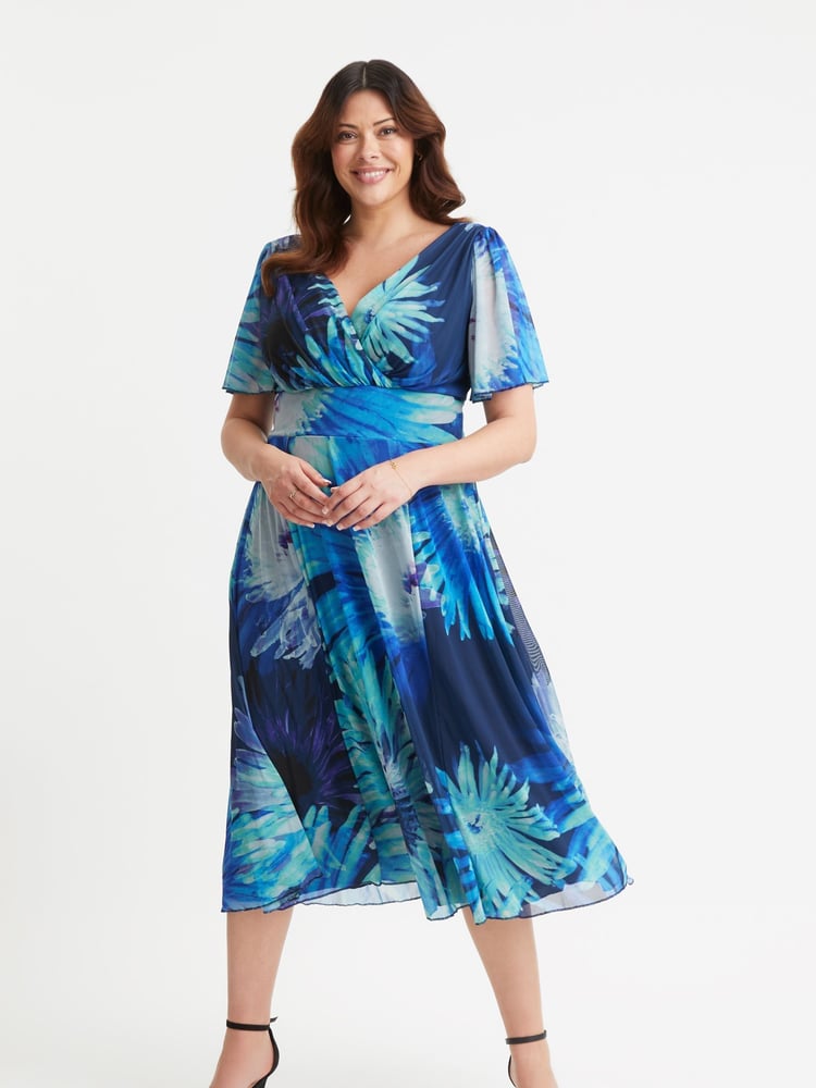 Scarlett & Jo Blue Victoria Angel Sleeve Mesh Midi Long Dress - Image 1 of 4