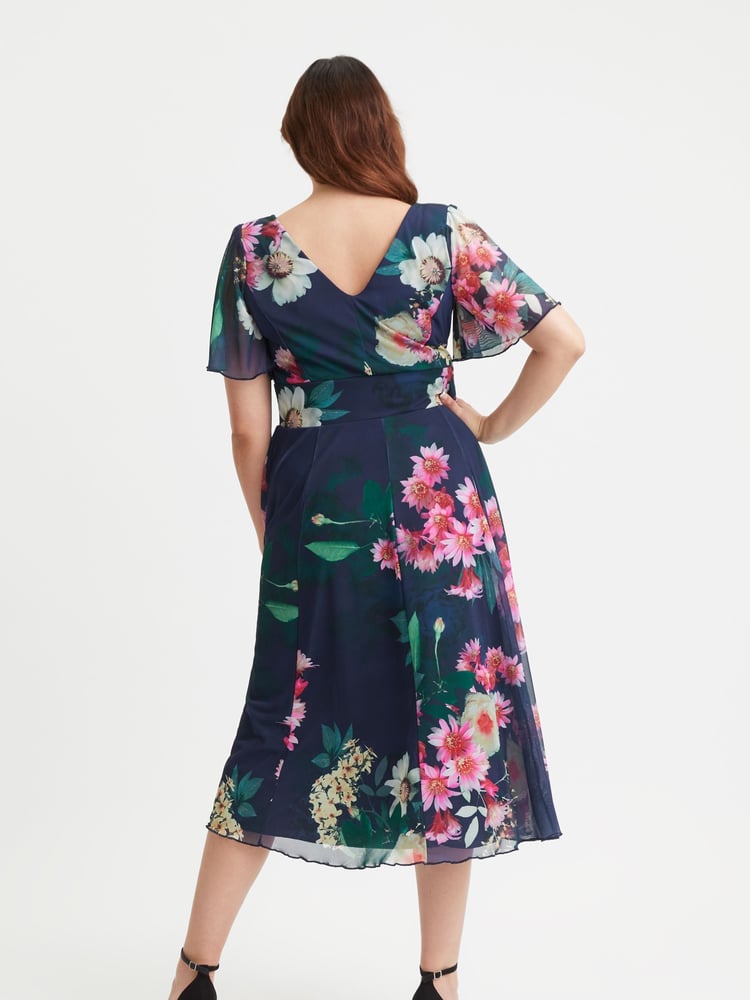 Scarlett & Jo Dark Pink Victoria Angel Sleeve Mesh Midi long Dress - Image 4 of 4