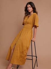Another Sunday Gold Flutter Sleeve Button Through 100% Cotton Midi Dress With Embroidery - Image 1 of 2
