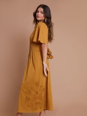 Another Sunday Gold Flutter Sleeve Button Through 100% Cotton Midi Dress With Embroidery - Image 2 of 2
